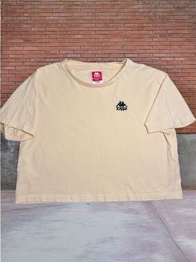 Kappa Boxy Short T-Shirt Top in Light Yellow Embroidered Black Logo Red Label XL